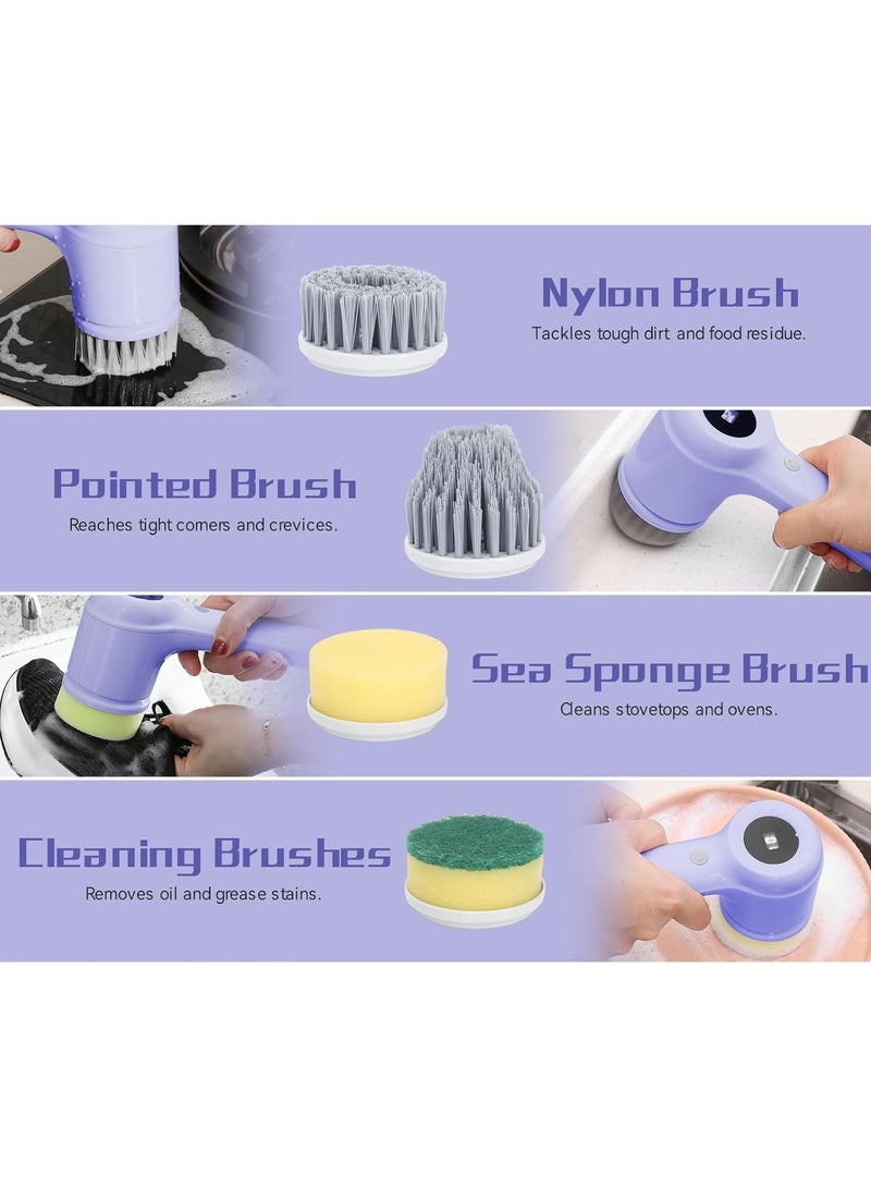 Electric Spin Scrubber, Power Scrubber Cordless Shower for Cleaning with led Display, Bathroom, Tub, Kitchen Stove, Tile Grout four Brush Heads (purple) - Image 5