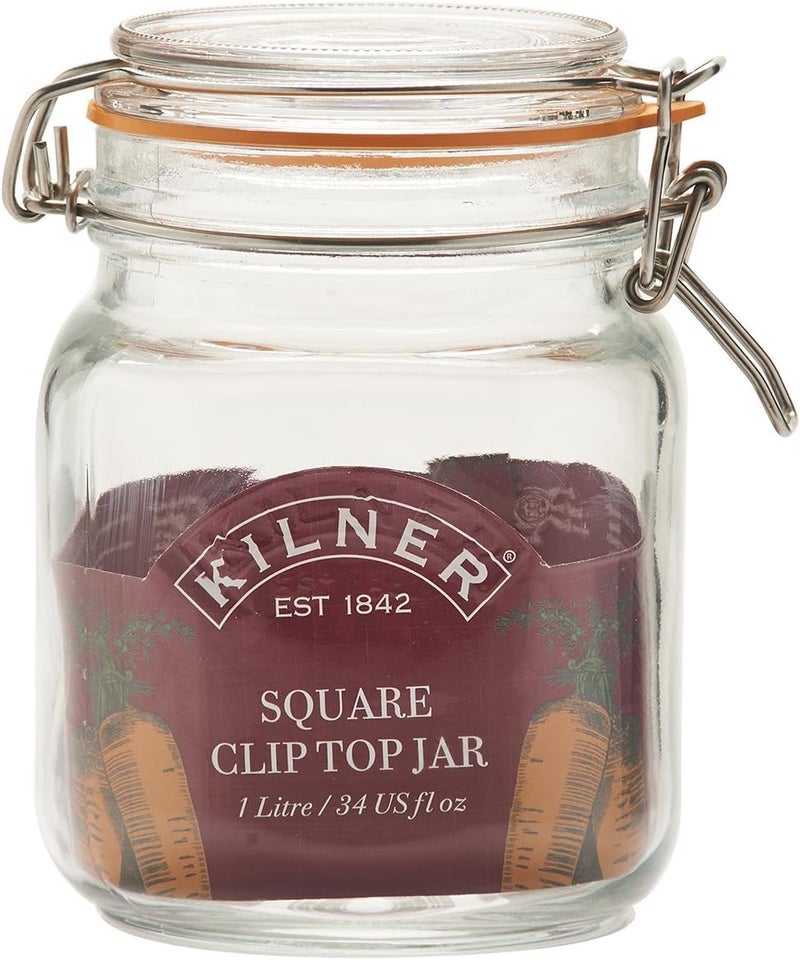 Kilner Premium 1L Airtight Square Clip Top Glass Jar for Food Storage, Biscuits, Cereals, Pulses | Multipurpose, BPA Free, Reusable Kitchen Container - Image 1