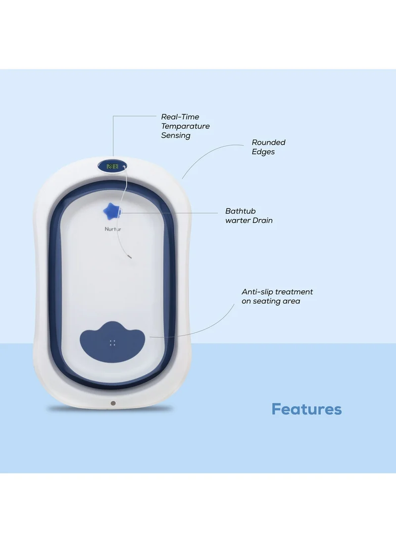نورتر Foldable Baby Bathtub with Digital temperature display  Mini swimming pool bather for baby with Non slip design   Blue