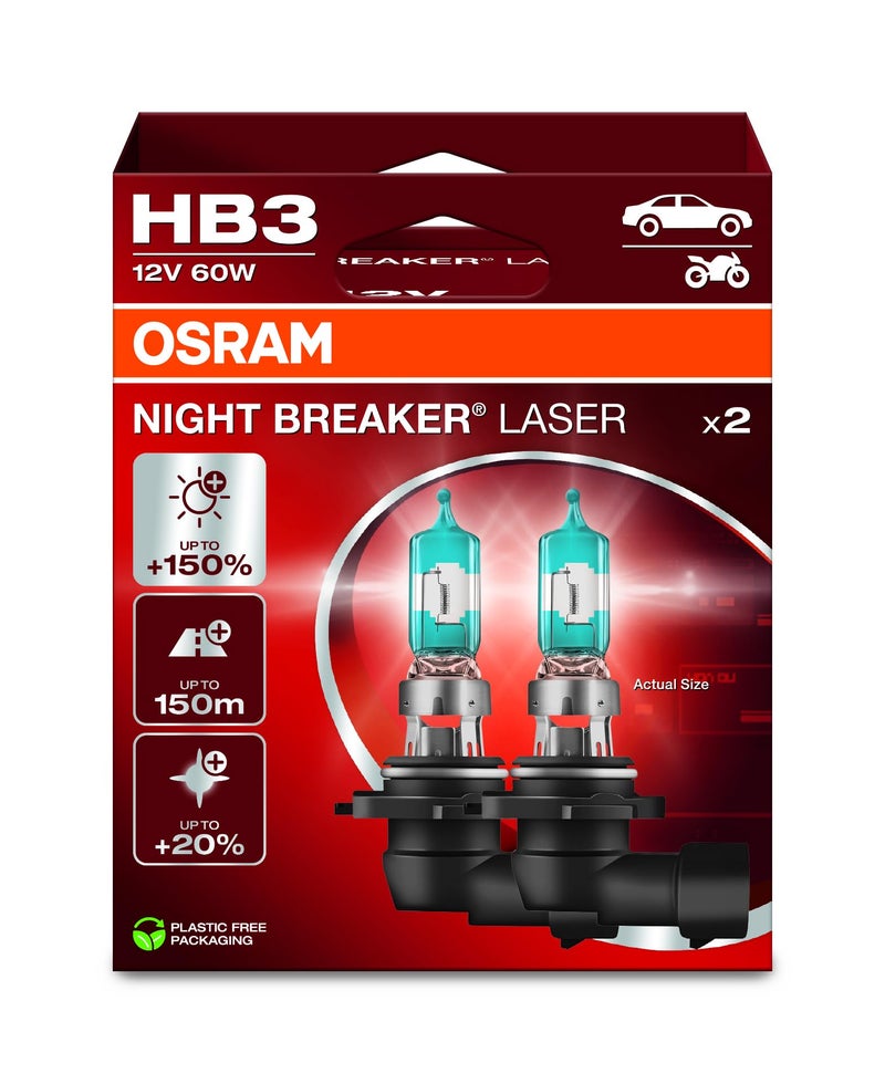 OSRAM Night Breaker Laser HB3, +150% More Brightness, Halogen Headlight Bulb, 9005NL-2HB, 12 V Car, Hanging Box (2 Lamps), White - Image 2