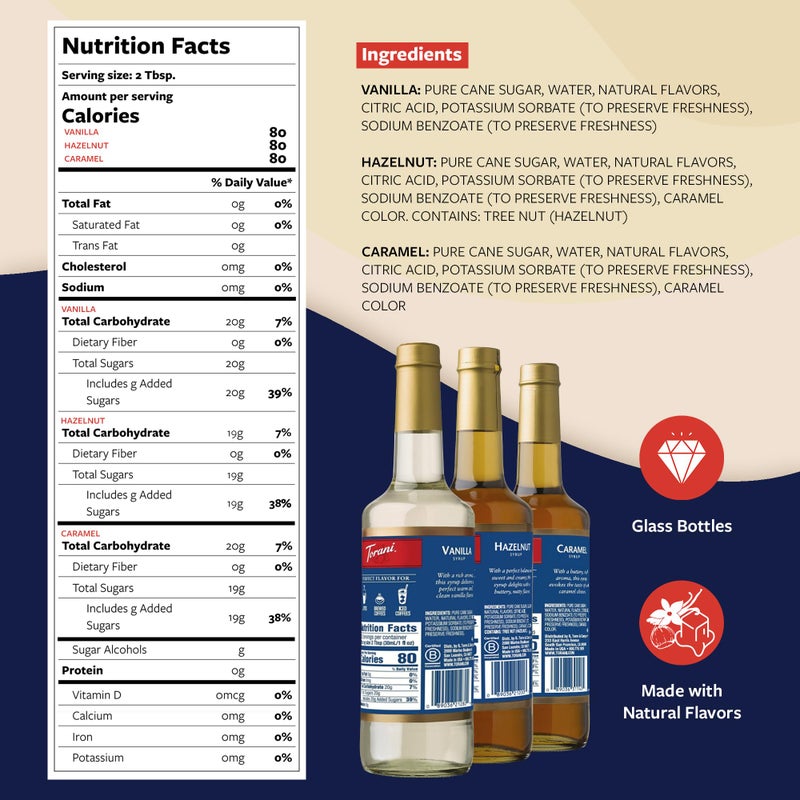 Torani شراب قهوة توراني، فانيليا، كراميل، والبندق مجموعة متنوعة 3 عبوات، نكهات للمشروبات، مضخات متضمنة، 25.4 أونصة سائلة لكل عبوة - Image 2