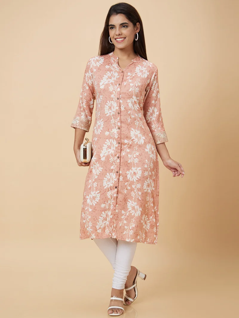 Women Peach-Coloured & White Floral Printed Mandarin Collar Straight Kurta