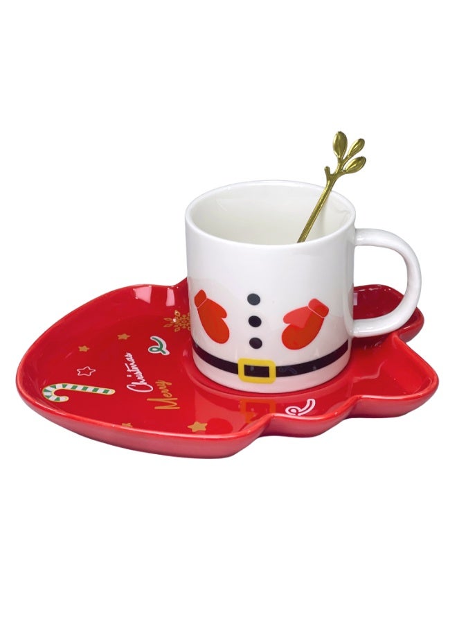 مجموعة أكواب قهوة عيد الميلاد مع صحن شجرة وملعقة ذهبية، هدية العيد - Image 1