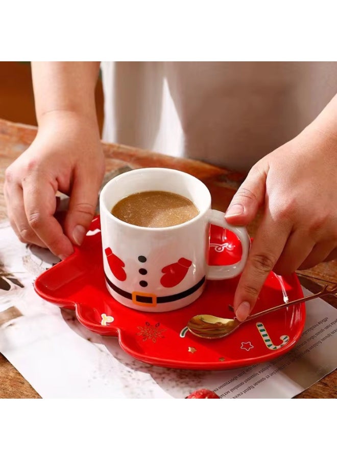 مجموعة أكواب قهوة عيد الميلاد مع صحن شجرة وملعقة ذهبية، هدية العيد - Image 5