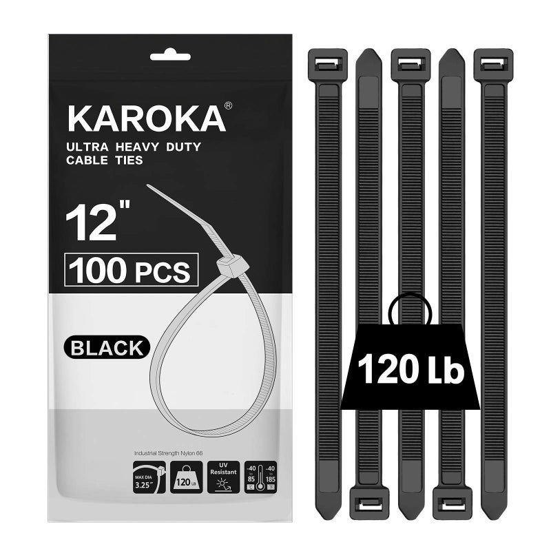 Karoka Zip Ties 12 inch Heavy Duty Zip Ties with 120 Pounds Tensile Strength, Black Cable Ties, 100 Pieces,by Karoka - Image 1