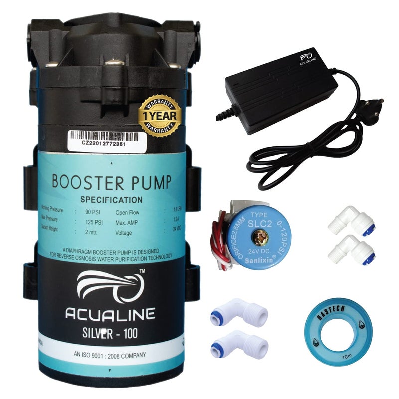 ACUALINE Silver 100 GPD RO Booster Pump Motor High-Efficiency with SMPS, Pump Adapter 24 Volts 2.5 amps and Solenoid Valve (SV) for All Types of RO Water Purifier (1 Year Warranty) - Image 2