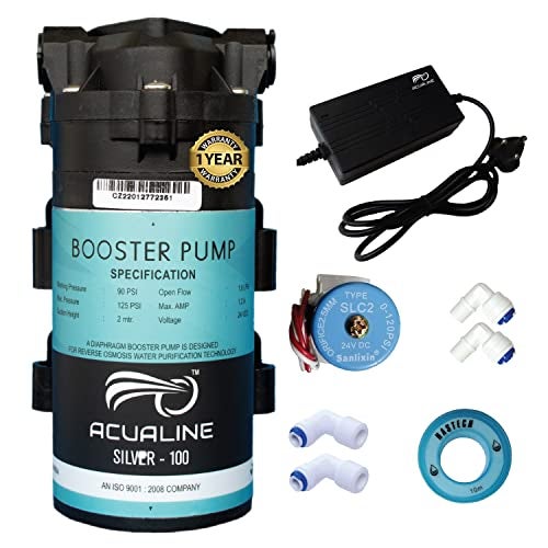 ACUALINE Silver 100 GPD RO Booster Pump Motor High-Efficiency with SMPS, Pump Adapter 24 Volts 2.5 amps and Solenoid Valve (SV) for All Types of RO Water Purifier (1 Year Warranty) - Image 1