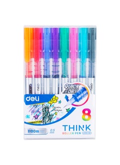 Deli Deli EQ300-8C Roller Pen, Needle Tip 0.5mm, Assorted Colors, Quick-Dry Ink, Smooth Writing, Pack of 8  - Image 3