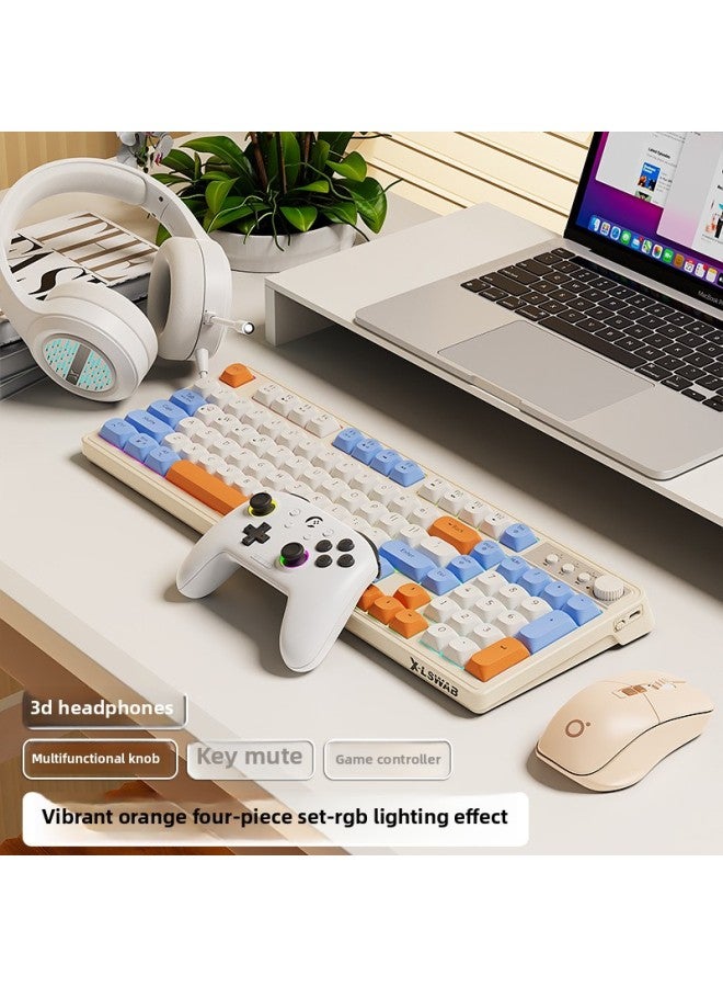 G98 Wired Quiet Keyboard RGB Girls Wireless Office Computer Laptop Mechanical Feel Keyboard Mouse Suit-Color:[e-sports Four-piece Set] Vibrant Orange-wired-rgb Light + Game Controller-98 Keys  - Image 1