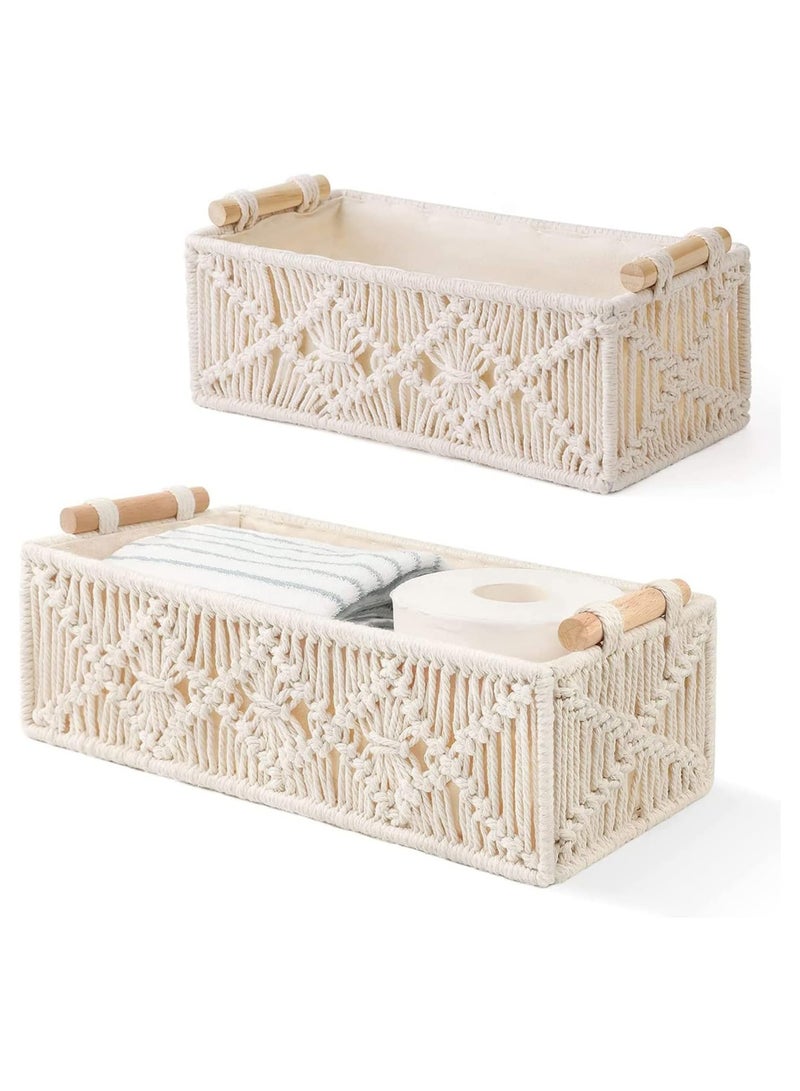 Storage Baskets Boho Decor Box Handmade Woven Decorative for Organizing: Countertop, Toilet Paper, Bathroom, Bedroom, Nursery, Living Room, Entryway - Shelf Basket with Wooden Handle Set of 2 - Image 1
