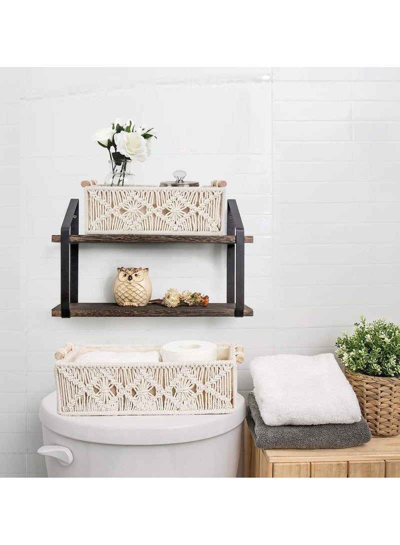 Storage Baskets Boho Decor Box Handmade Woven Decorative for Organizing: Countertop, Toilet Paper, Bathroom, Bedroom, Nursery, Living Room, Entryway - Shelf Basket with Wooden Handle Set of 2 - Image 2