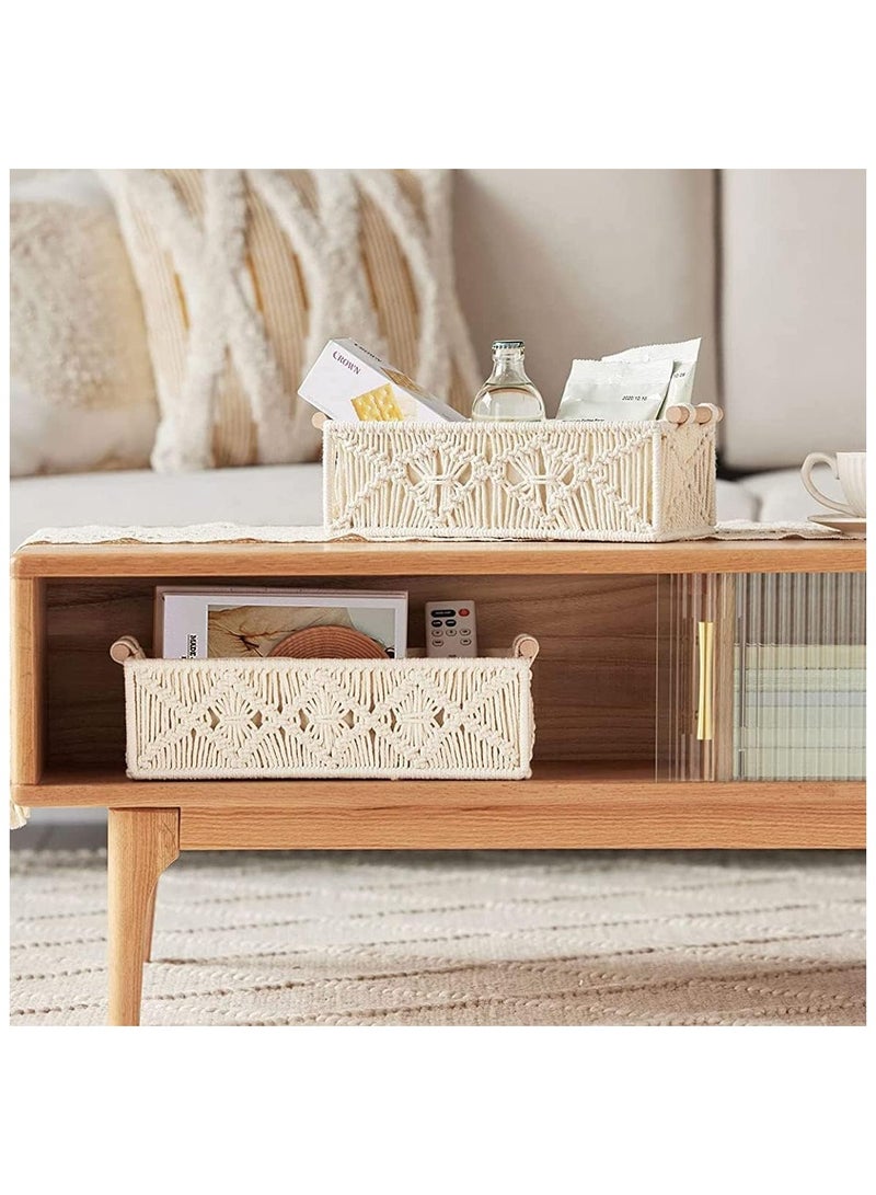 Storage Baskets Boho Decor Box Handmade Woven Decorative for Organizing: Countertop, Toilet Paper, Bathroom, Bedroom, Nursery, Living Room, Entryway - Shelf Basket with Wooden Handle Set of 2 - Image 3
