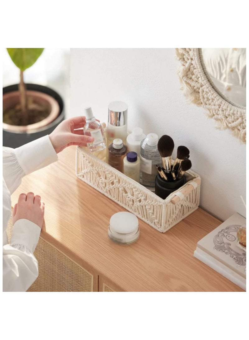 Storage Baskets Boho Decor Box Handmade Woven Decorative for Organizing: Countertop, Toilet Paper, Bathroom, Bedroom, Nursery, Living Room, Entryway - Shelf Basket with Wooden Handle Set of 2 - Image 4