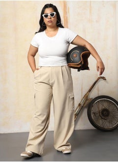 HIGH STAR Women Loose Fit High-Rise Wrinkle Free Pleated korean Cargo Trousers  - Image 1