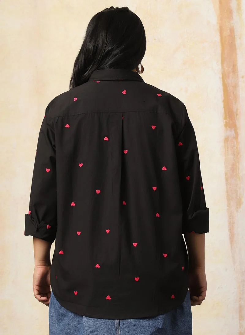 HIGH STAR Women Plus Size Oversized Fit Heart Embroidered Cotton Casual Shirt