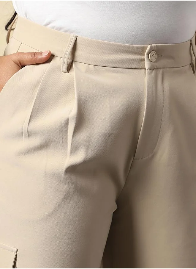 هاي ستار Women Trousers in Beige featuring Wide Leg fit with a solid pattern, regular length, secured with button closure, crafted from 95% polyester 5% spandex – crafted for those who appreciate style and comfort.