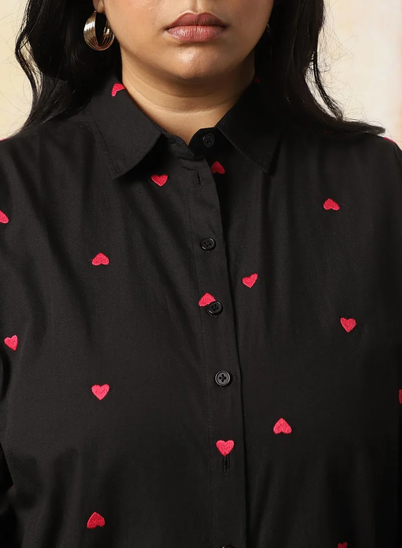 HIGH STAR Women Plus Size Oversized Fit Heart Embroidered Cotton Casual Shirt