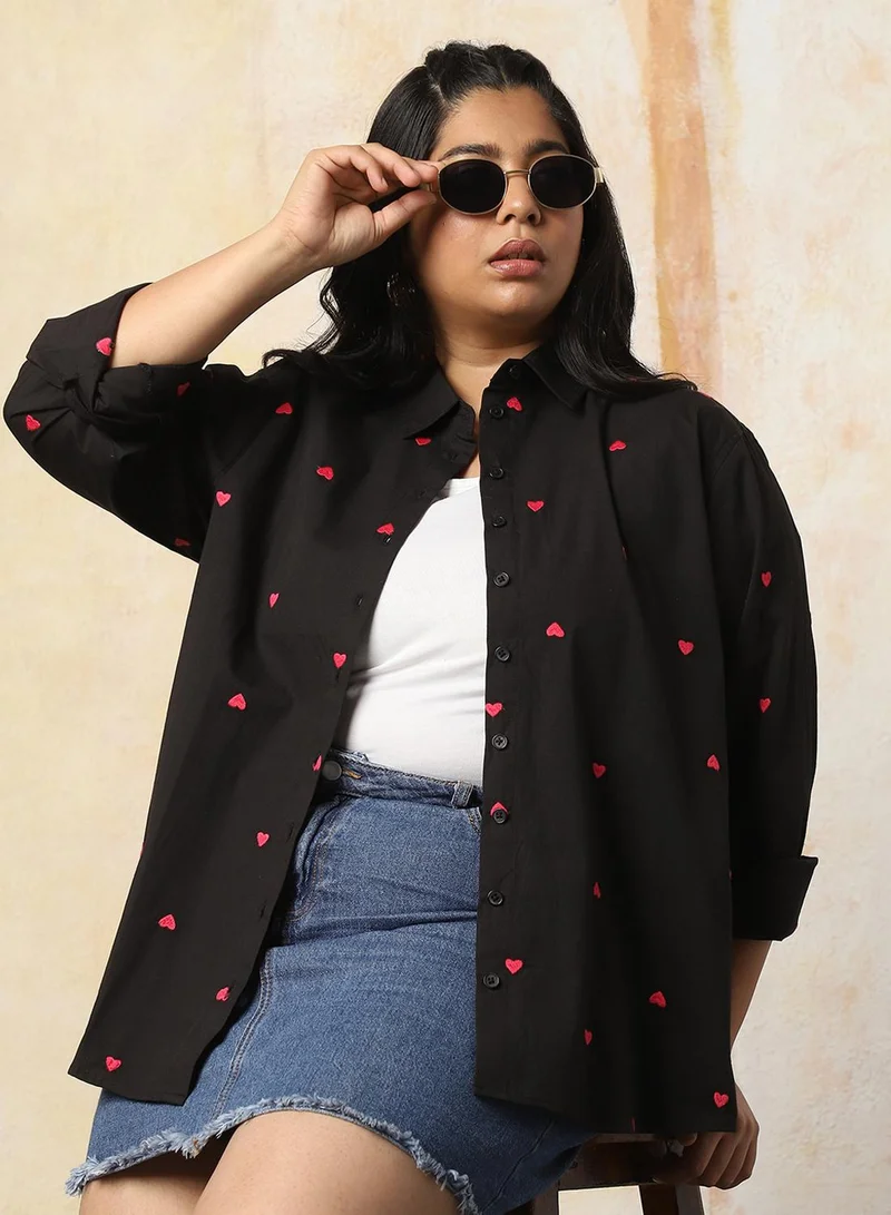 HIGH STAR Women Plus Size Oversized Fit Heart Embroidered Cotton Casual Shirt