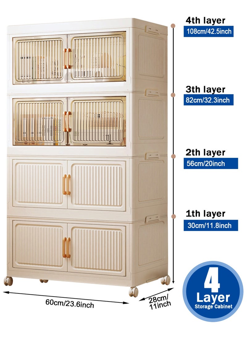 HomarKet Stackable Storage Bins,4 Tier Foldable Storage Cabinet with a Lid,Collapsible Storage Box Stackable Storage Drawers with Wheels and Transparent Double Doors,60 x 28 x 108CM,Featuring open-front Access for Closet Storage,Bedroom, Living Room, Office - Image 2