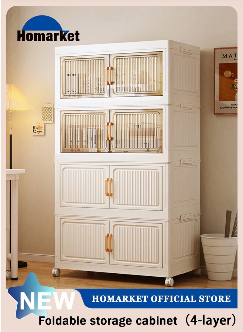 HomarKet Stackable Storage Bins,4 Tier Foldable Storage Cabinet with a Lid,Collapsible Storage Box Stackable Storage Drawers with Wheels and Transparent Double Doors,60 x 28 x 108CM,Featuring open-front Access for Closet Storage,Bedroom, Living Room, Office - Image 1