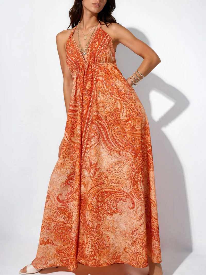 Hiccup Bright Orange Ethnic Patterned Bohemian Maxi Dress for Women | Best Price UAE