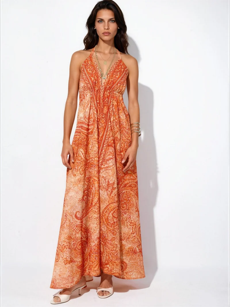 Hiccup Bright Orange Ethnic Patterned Bohemian Maxi Dress for Women | Best Price UAE