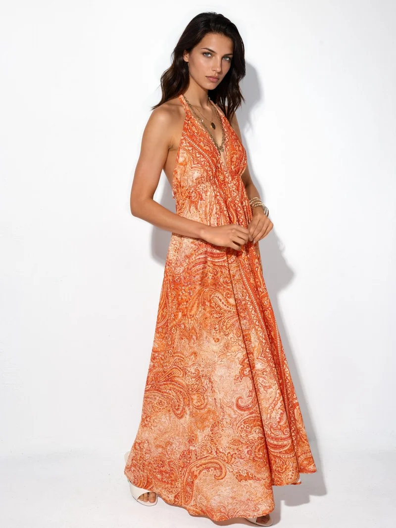 Hiccup Bright Orange Ethnic Patterned Bohemian Maxi Dress for Women | Best Price UAE