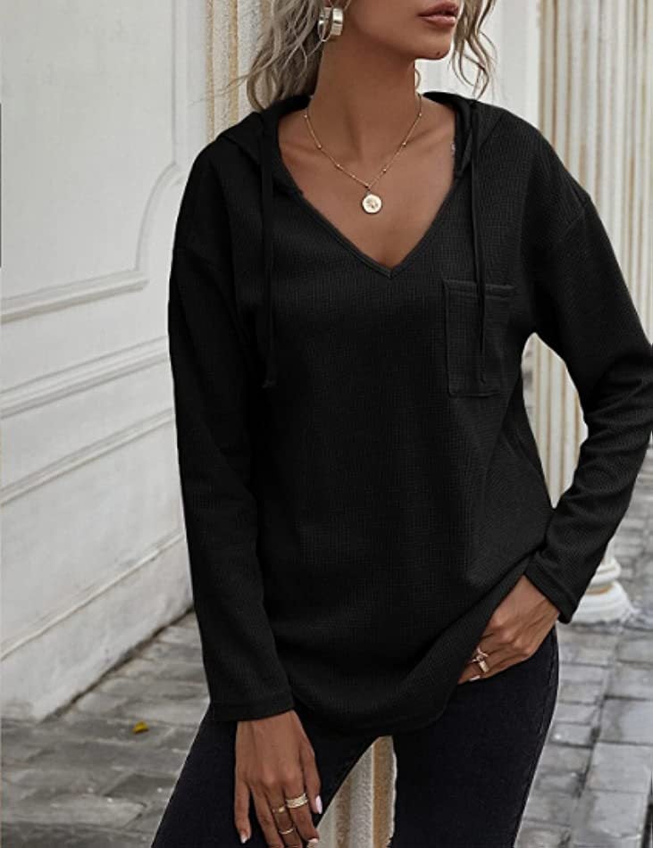 Womens V-Neck Hoodie Waffle Knit Sweatshirt with Pockets Black 