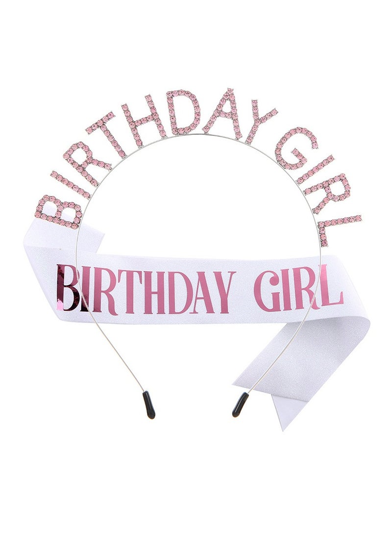 Girl Birthday Sash And Rhinestone Tiara Set,Pink-White
