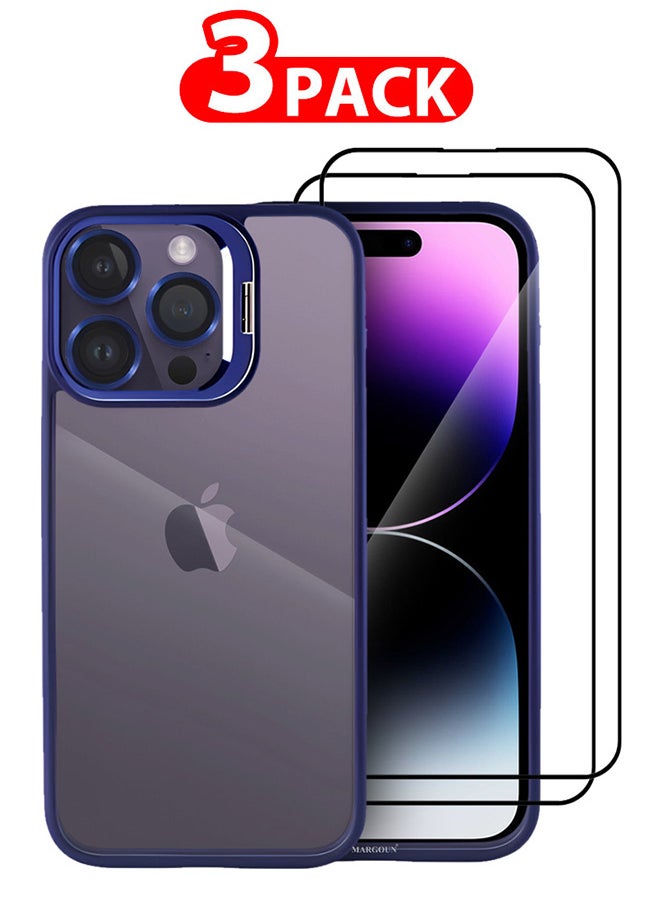 CATANES - 3 Pack iPhone 14 Pro Case Cover and Lens Protector and 2 Screen Protectors Built-in Camera Stand and Compatible with MagSafe Full Body Shockproof Case Clear Blue - Image 1