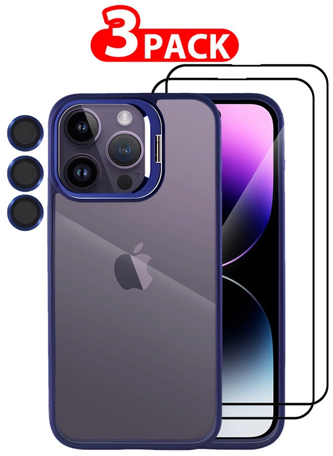 CATANES - 3 Pack iPhone 14 Pro Case Cover and Lens Protector and 2 Screen Protectors Built-in Camera Stand and Compatible with MagSafe Full Body Shockproof Case Clear Blue - Image 1