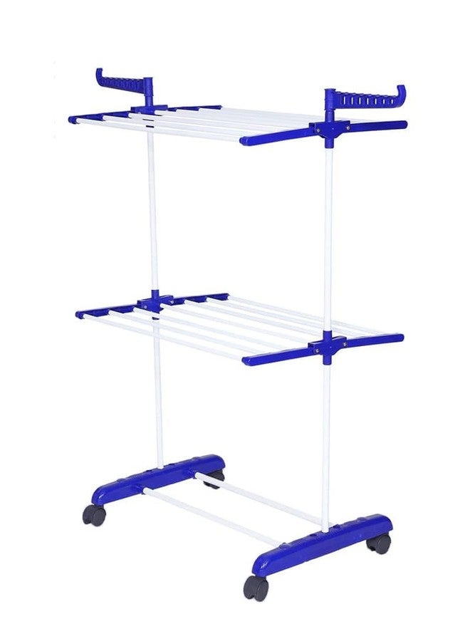 PRAYTEX Premium Clothes Stand for Drying with Wheels | Portable | 2 Layer Rack for Balcony | Foldable Wings | 14 Hanger Rods | Alloy Steel & Plastic (White & Blue) - Image 3