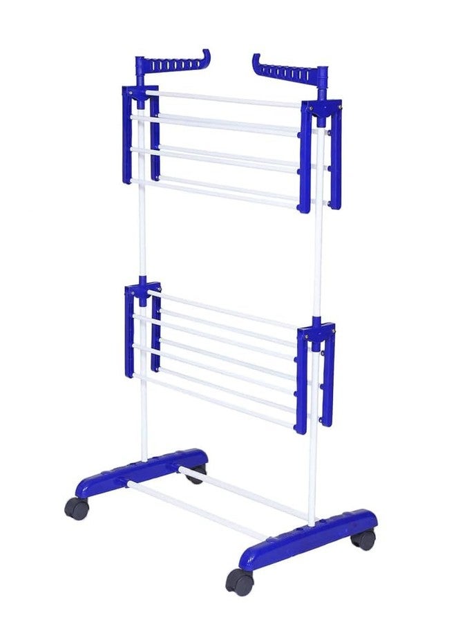 PRAYTEX Premium Clothes Stand for Drying with Wheels | Portable | 2 Layer Rack for Balcony | Foldable Wings | 14 Hanger Rods | Alloy Steel & Plastic (White & Blue) - Image 4