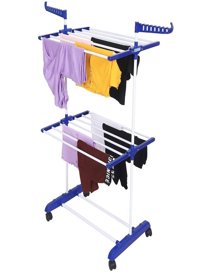 PRAYTEX Premium Clothes Stand for Drying with Wheels | Portable | 2 Layer Rack for Balcony | Foldable Wings | 14 Hanger Rods | Alloy Steel & Plastic (White & Blue) - Image 1