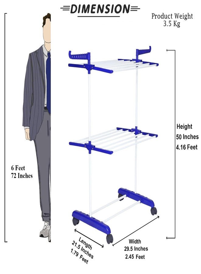 PRAYTEX Premium Clothes Stand for Drying with Wheels | Portable | 2 Layer Rack for Balcony | Foldable Wings | 14 Hanger Rods | Alloy Steel & Plastic (White & Blue) - Image 2