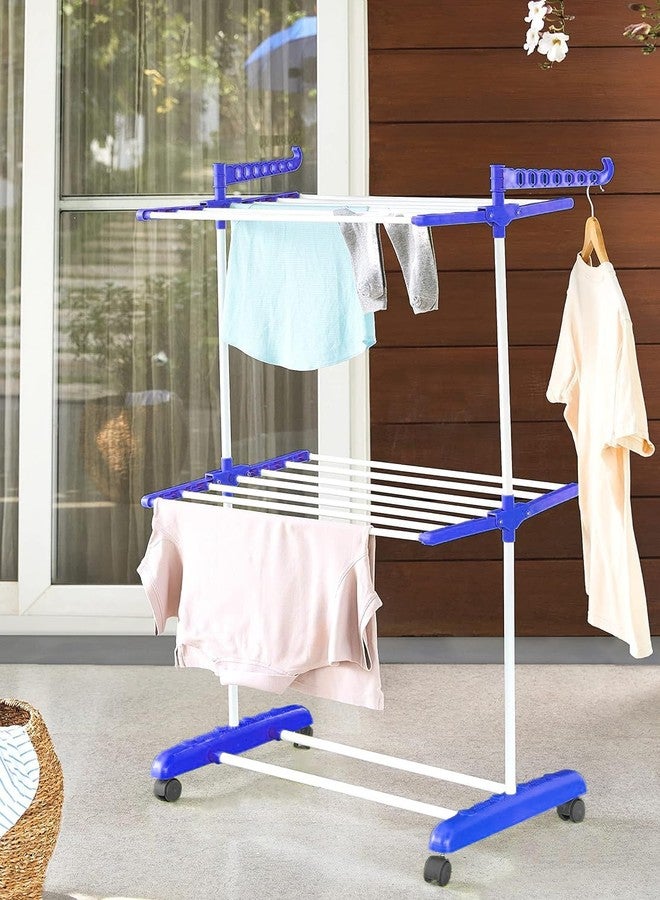 PRAYTEX Premium Clothes Stand for Drying with Wheels | Portable | 2 Layer Rack for Balcony | Foldable Wings | 14 Hanger Rods | Alloy Steel & Plastic (White & Blue) - Image 5