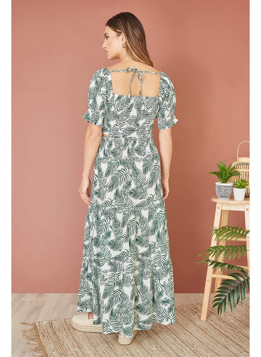Yumi Cotton Voile Palm Leaf Ruched Waist Midi Skirt