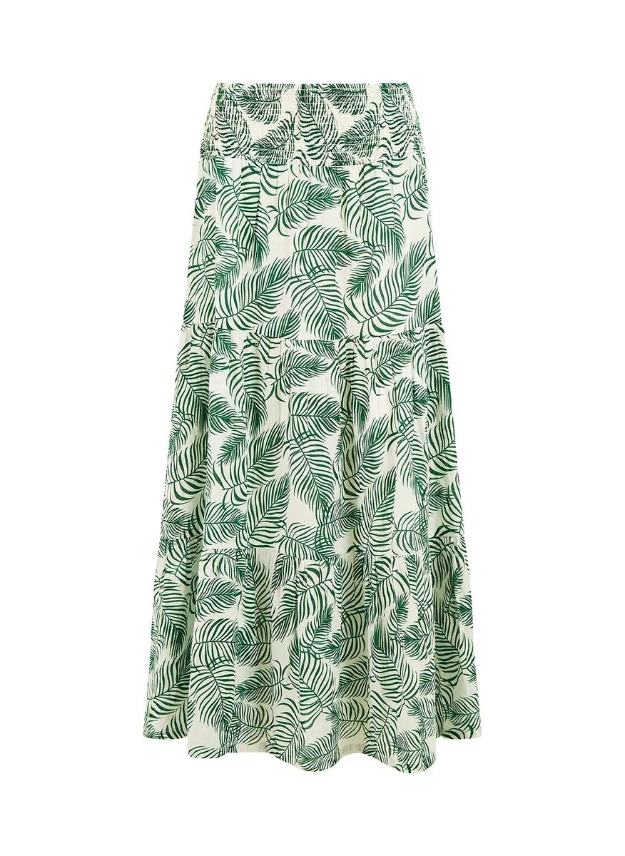Yumi Cotton Voile Palm Leaf Ruched Waist Midi Skirt