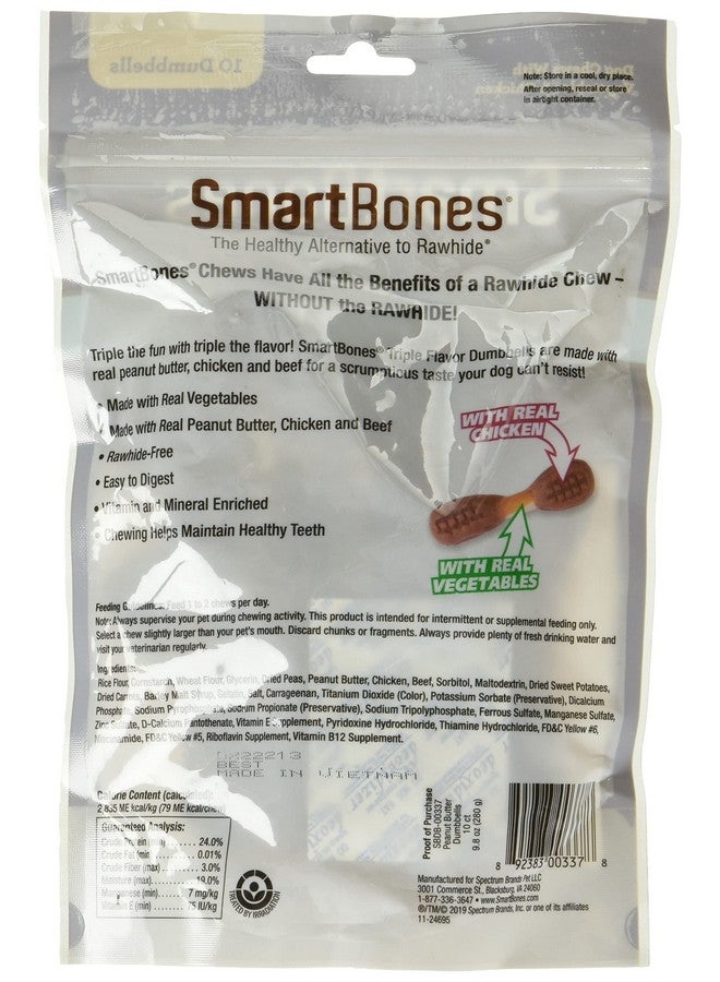 SmartBones Triple Flavor Dumbbells with Peanut Butter 10 Count, Rawhide-Free Chews for Dogs