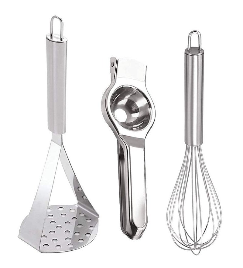 Brunchy Stainless Steel Lemon Squeezer, Masher & Medium Whisk | 3-in-1 Kitchen Tool Set for Everyday Cooking - Image 1