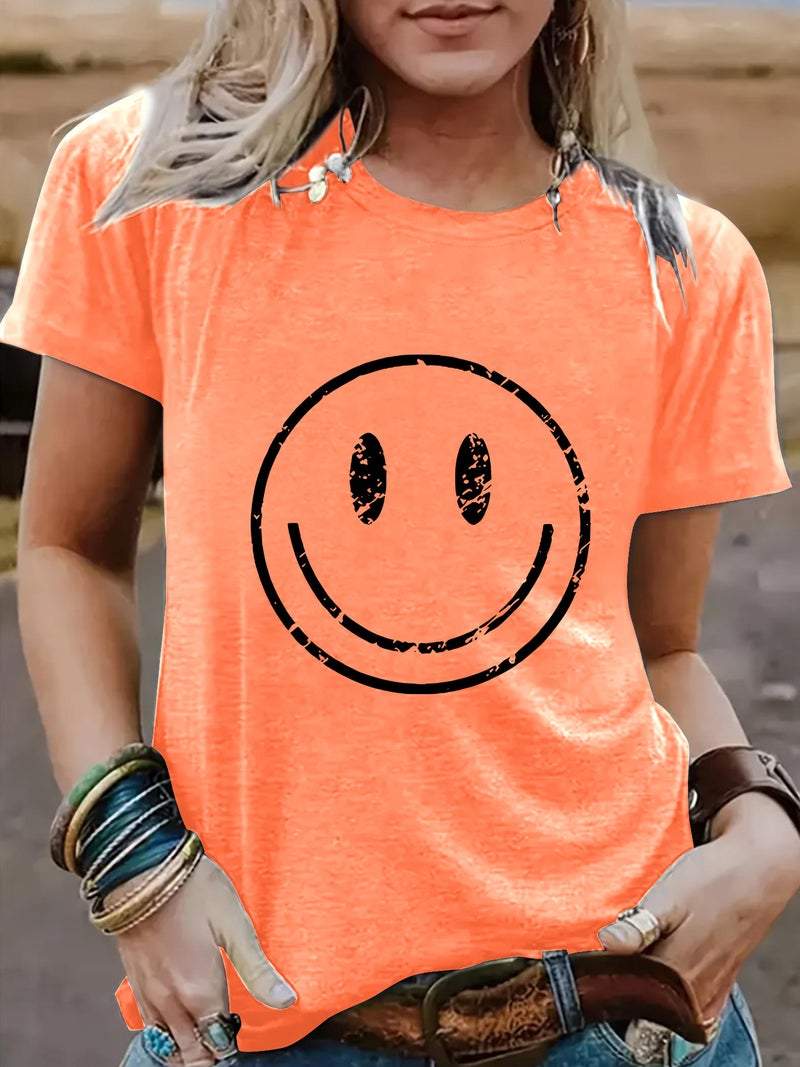 Summer Women'S Smiling Face Pattern Round Neck Short Sleeve Casual Fashion T-Shirt Women'S Explosive - Image 1
