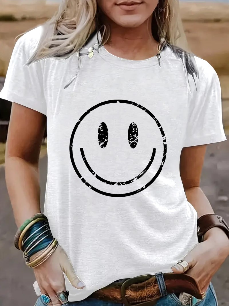 Summer Women'S Smiling Face Pattern Round Neck Short Sleeve Casual Fashion T-Shirt Women'S Explosive - Image 3