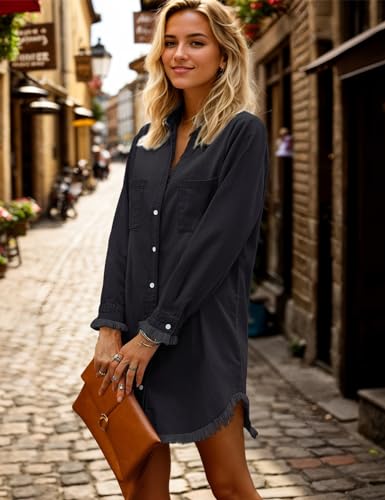 Zilcremo Women Denim Shirt Dresses Long Sleeve Distressed Jean Dress Button Down Casual Tunic Top Black S - Image 2