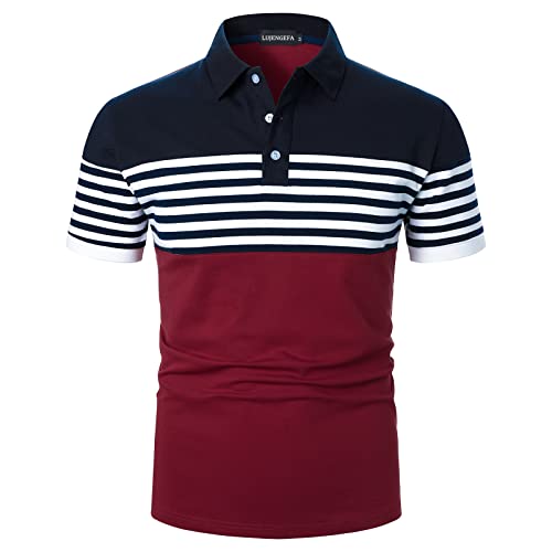 LUJENGEFA Mens Polo Shirts Short Sleeve Striped Casual Slim Fit Golf Polo Contrast Color Summer Cotton T-Shirts Wine Red and Navy Blue X-Large - Image 1