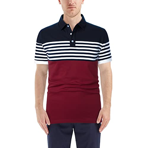 LUJENGEFA Mens Polo Shirts Short Sleeve Striped Casual Slim Fit Golf Polo Contrast Color Summer Cotton T-Shirts Wine Red and Navy Blue X-Large - Image 3