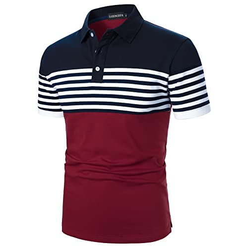 LUJENGEFA Mens Polo Shirts Short Sleeve Striped Casual Slim Fit Golf Polo Contrast Color Summer Cotton T-Shirts Wine Red and Navy Blue X-Large - Image 2