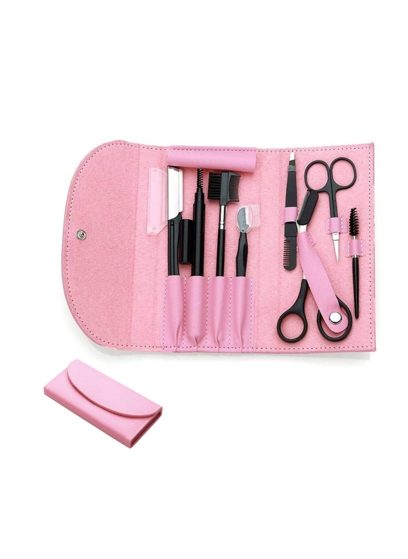 Excefore - 8PCS Professional Eyebrow Shaping Grooming Kit, Eyebrow Scissors, Eyebrow Pencil, Eyebrow Brush, Trimmer, Brush, Beauty Tools Set With Leather Bag Eyebrow Grooming Kit For Women And Men, Pink - Image 1