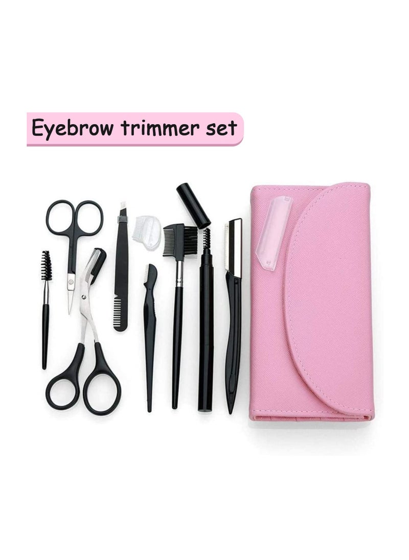 Excefore - 8PCS Professional Eyebrow Shaping Grooming Kit, Eyebrow Scissors, Eyebrow Pencil, Eyebrow Brush, Trimmer, Brush, Beauty Tools Set With Leather Bag Eyebrow Grooming Kit For Women And Men, Pink - Image 1