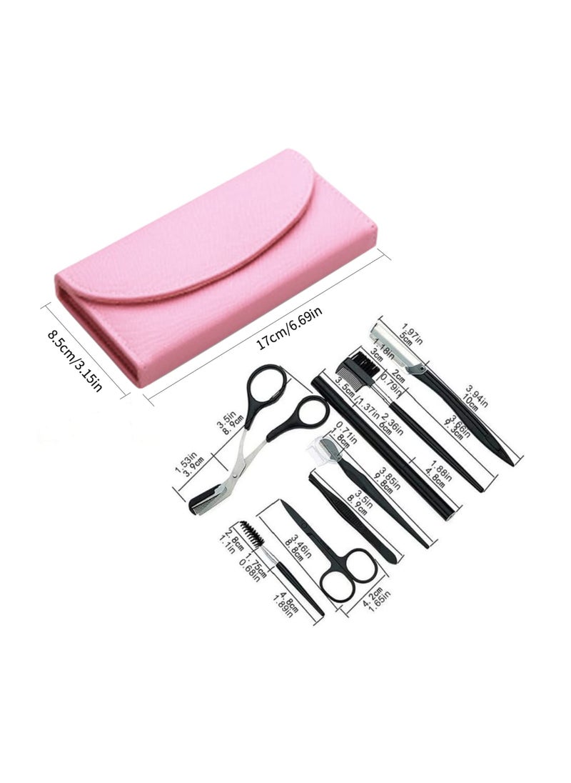 Excefore - 8PCS Professional Eyebrow Shaping Grooming Kit, Eyebrow Scissors, Eyebrow Pencil, Eyebrow Brush, Trimmer, Brush, Beauty Tools Set With Leather Bag Eyebrow Grooming Kit For Women And Men, Pink - Image 1
