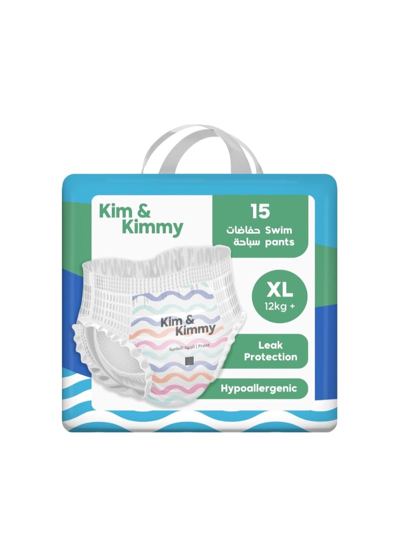 Kim & Kimmy Swim Diaper Pants, Size XL, 12 kg + / 12-24 Months, 15 Pants - Leak Protection, No Swelling, No Rashes, Ultra-Soft & Comfy - Cruelty Free & Vegan - Image 1